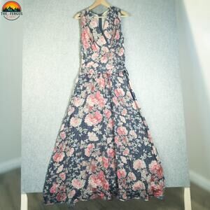 Ella Moon Maxi Dress Blue Floral Sleeveless Flowy Surplice Neck Women's Size S